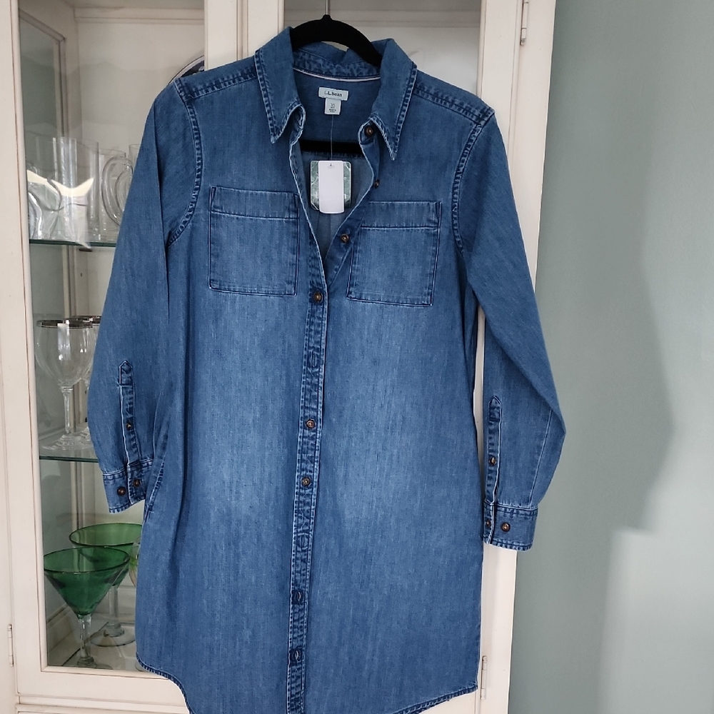 L.L. Bean Medium Blue Denim Shirt Dress, XSP, BRAND NEW